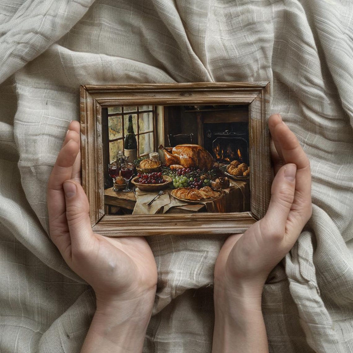 Roast Turkey Thanksgiving Feast Still Life by the Fireplace Poster - Image 2