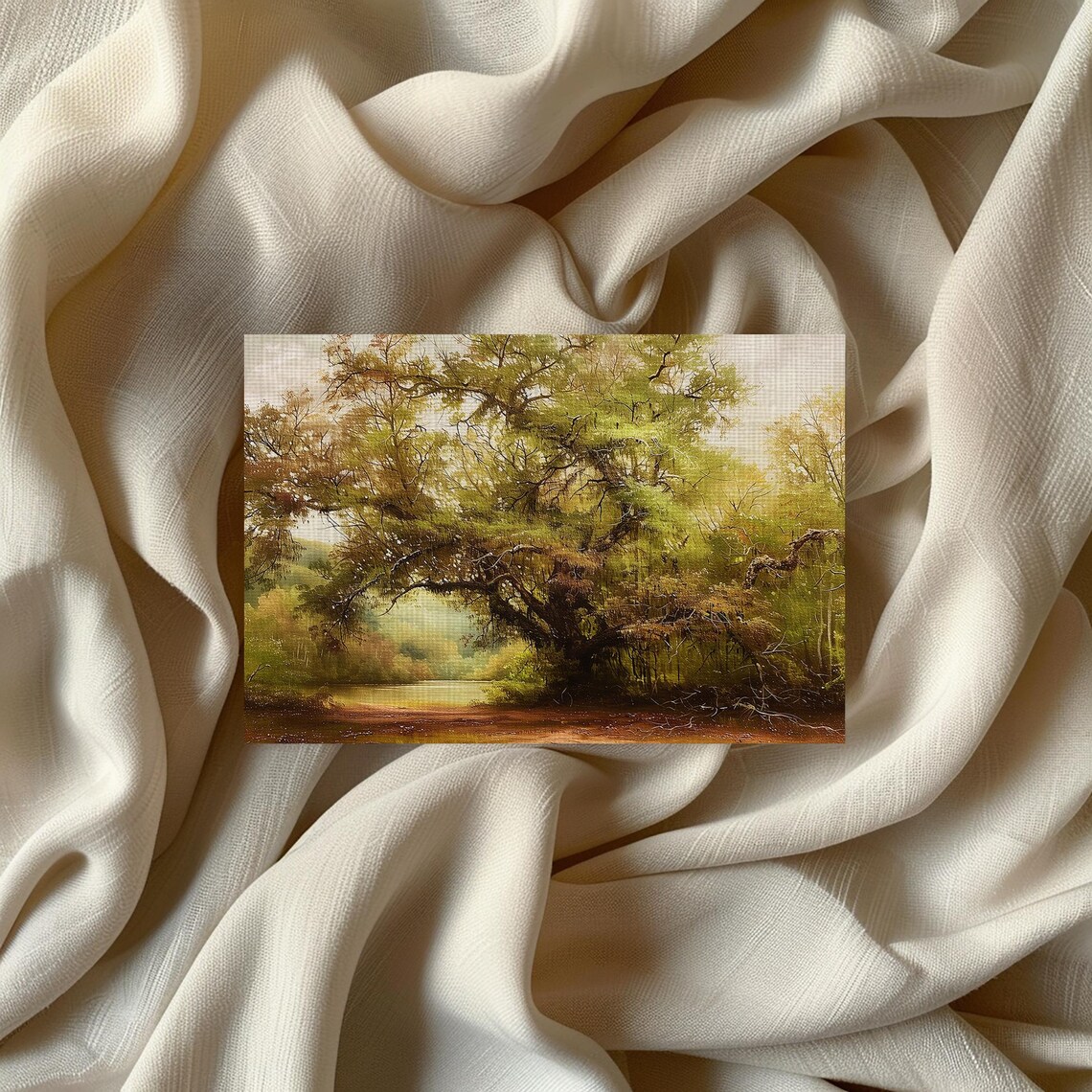 Live Oak Beside a Still Lake with Autumn Tinted Canopy Vintage Poster - Image 2