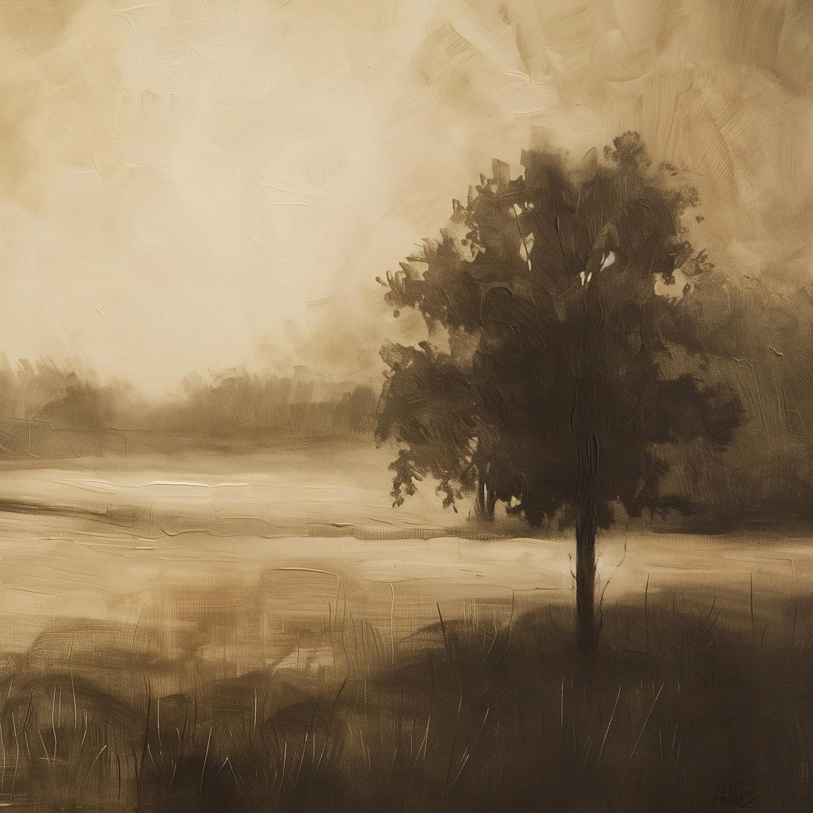 Sepia Tone Lone Tree in a Misty Golden Field Landscape Poster - Image 2