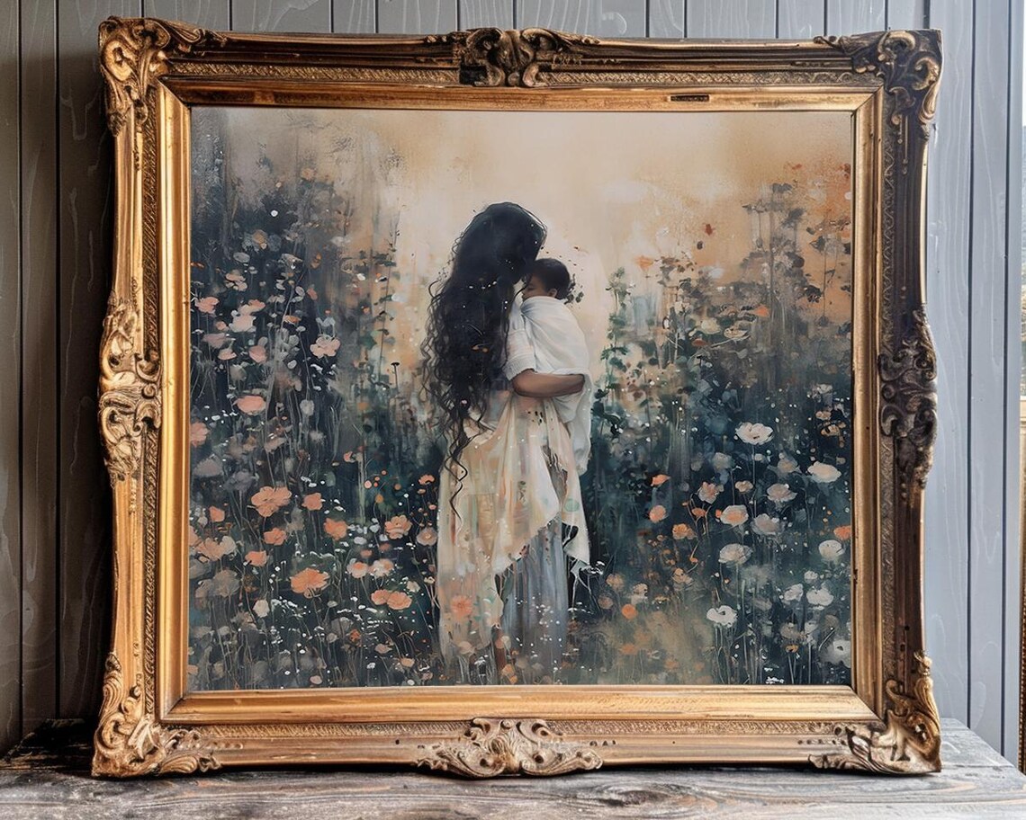 Mother Holding Her Baby in a Moody Dark Flower Garden Painting Poster