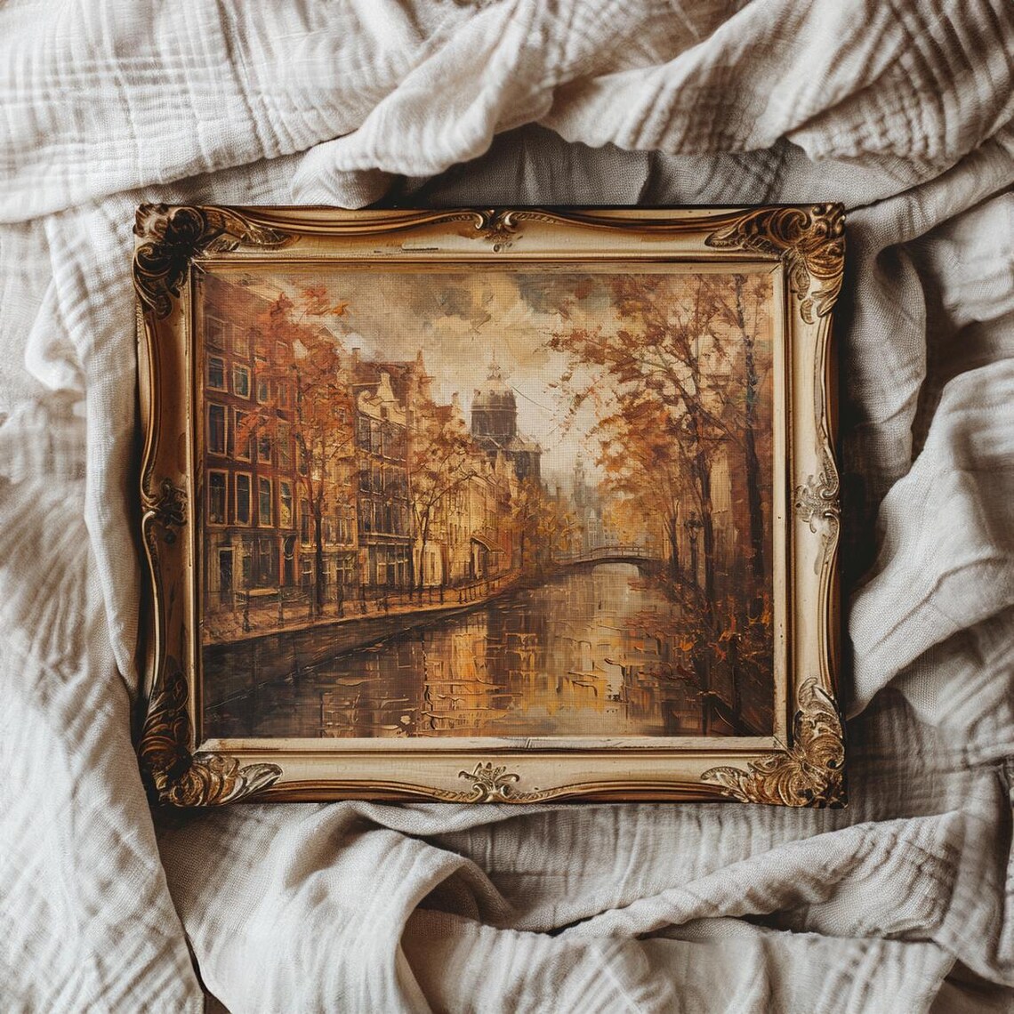 Amsterdam Canal Street In Golden Autumn Vintage Oil Painting Poster - Image 3