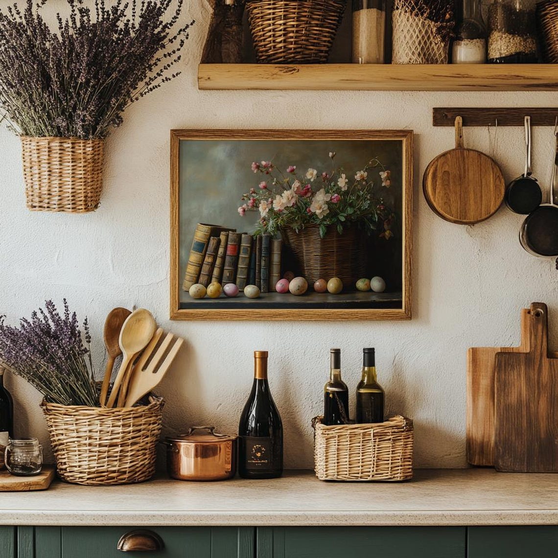Painted Easter Eggs with Vintage Books and Spring Flower Basket Poster - Image 4