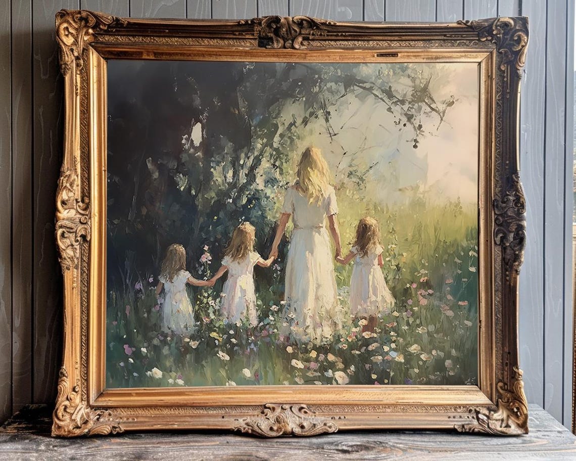Mother Holding Hands With Three Daughters In Wildflower Meadow Poster - Image 3
