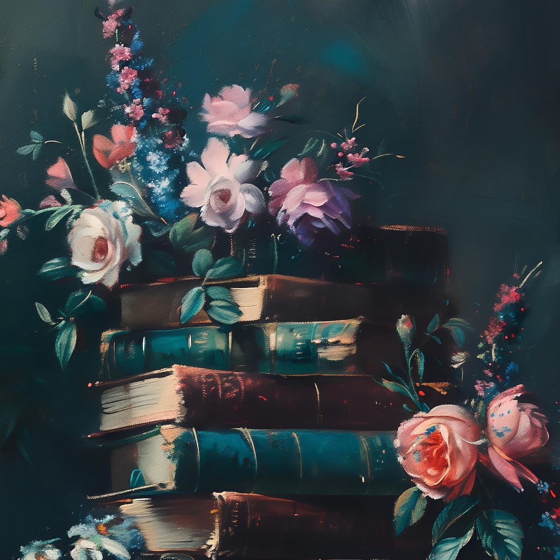 Stack of Vintage Books with Pink and White Flowers Art Poster - Image 2