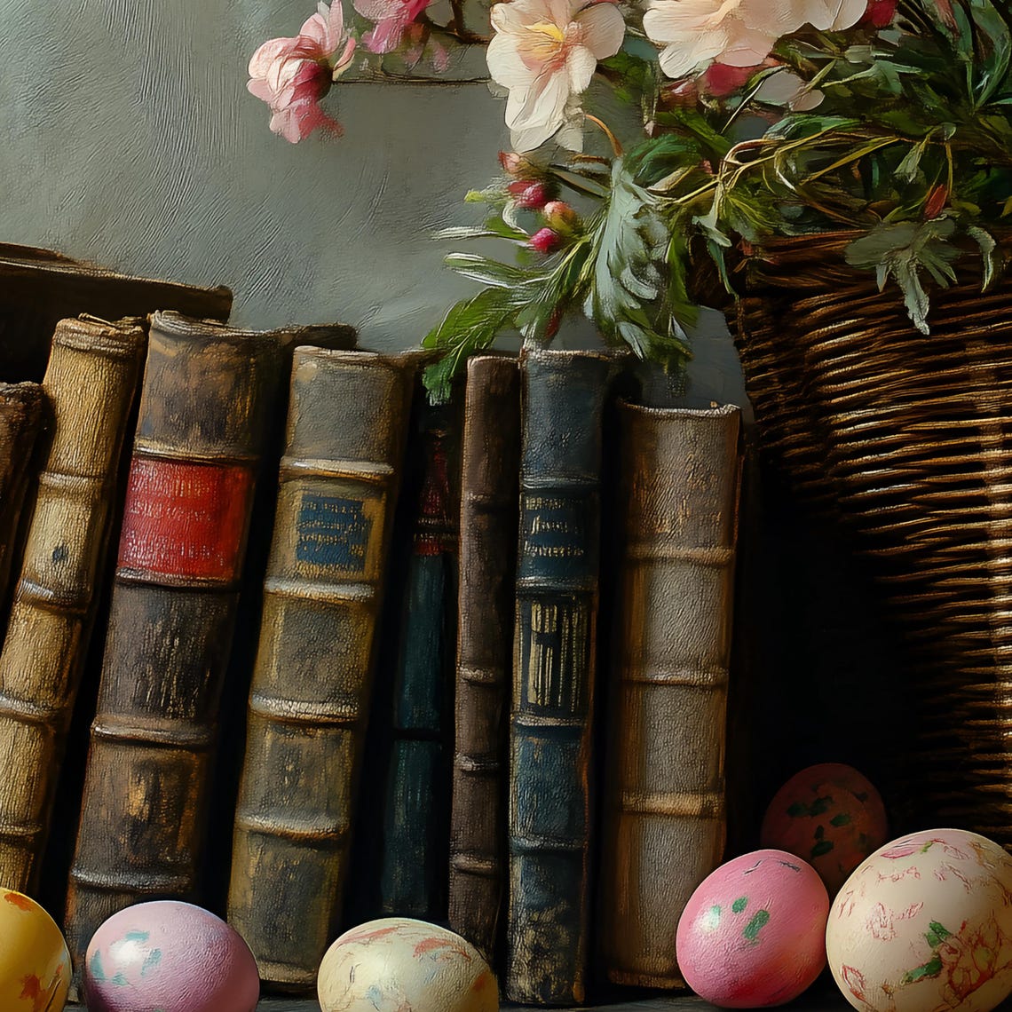 Painted Easter Eggs with Vintage Books and Spring Flower Basket Poster - Image 2