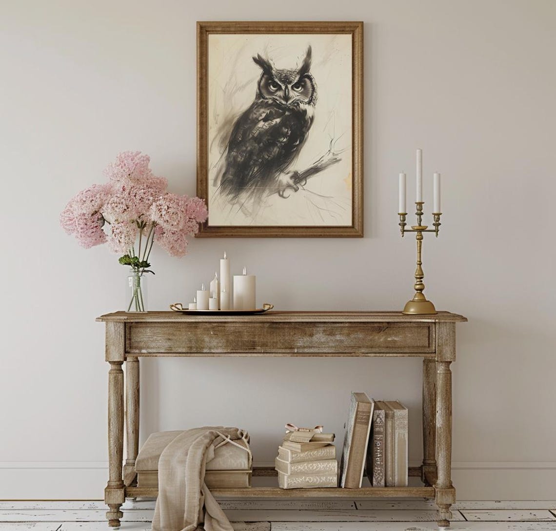 Great Horned Owl Monochrome Charcoal Sketch Wildlife Nature Poster - Image 3