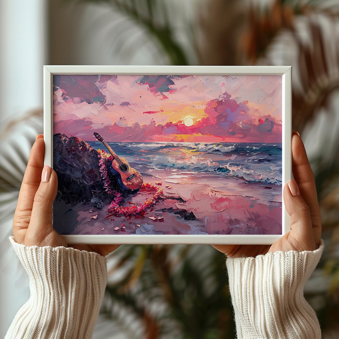 Ukulele With Flower Lei On Sunset Beach Tropical Ocean Art Poster - Image 3
