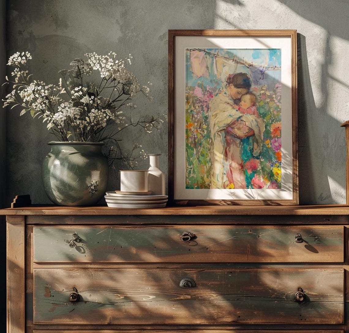 Mother Holding Baby In Blooming Garden With Laundry Line Poster - Image 2