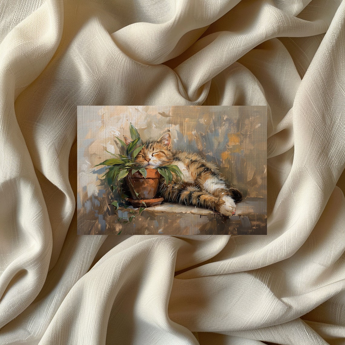 Sleeping Tabby Cat Beside Potted Plant Impressionist Cat Art Poster - Image 2
