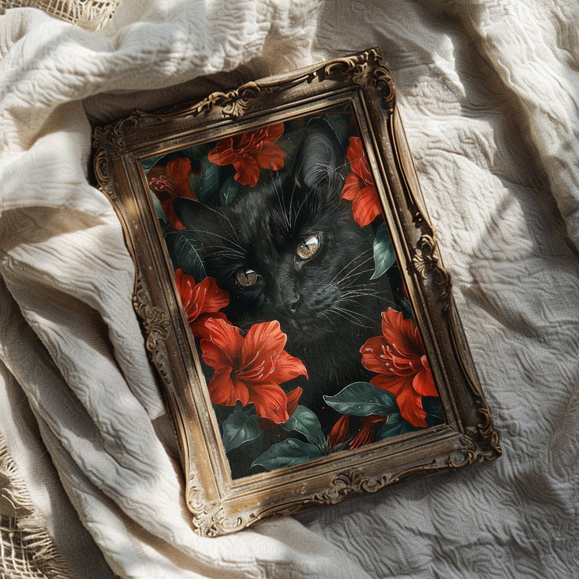 Black Cat Among Bold Red Flowers Dramatic Gothic Cat Art Poster - Image 2