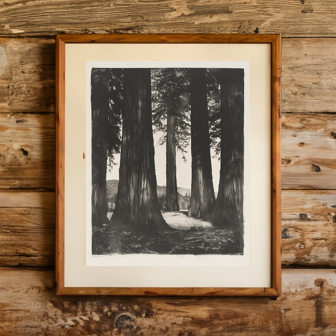 Towering Redwood Tree Trunks Black Charcoal Style Forest Poster - Image 2