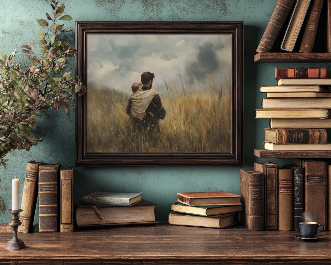Father Carrying Child on His Back Through a Golden Wheat Field Poster - Image 3