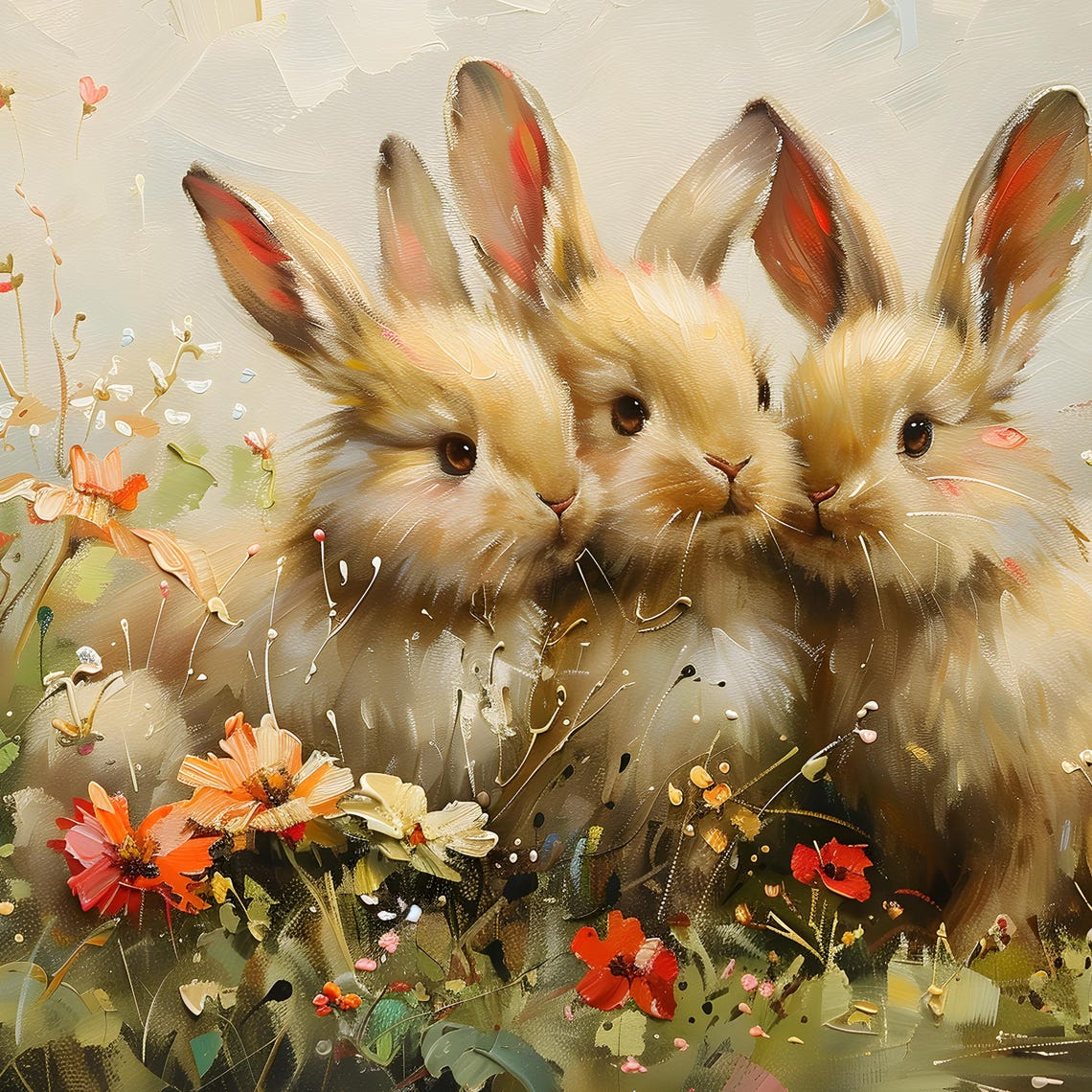 Three Baby Bunnies Among Wildflowers Spring Nursery Wall Poster - Image 2