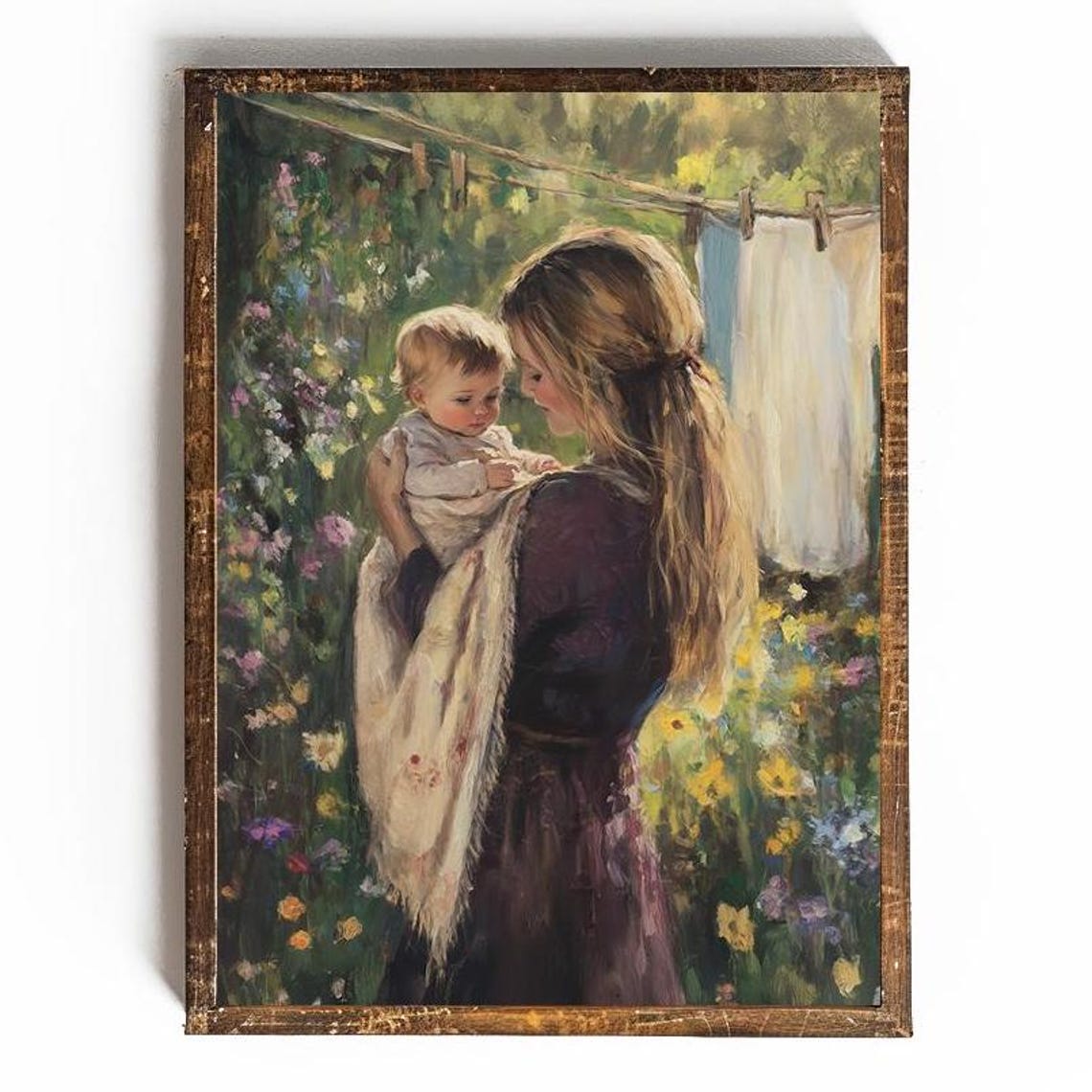 Mother Holding Baby Beside Garden Laundry Line Vintage Art Poster