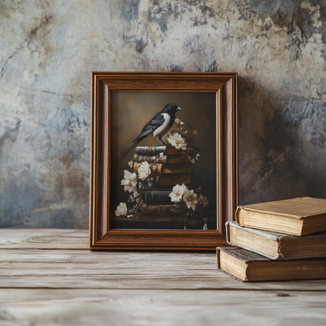 Magpie Perched On Stack Of Old Books Vintage Bird Art Poster - Image 2
