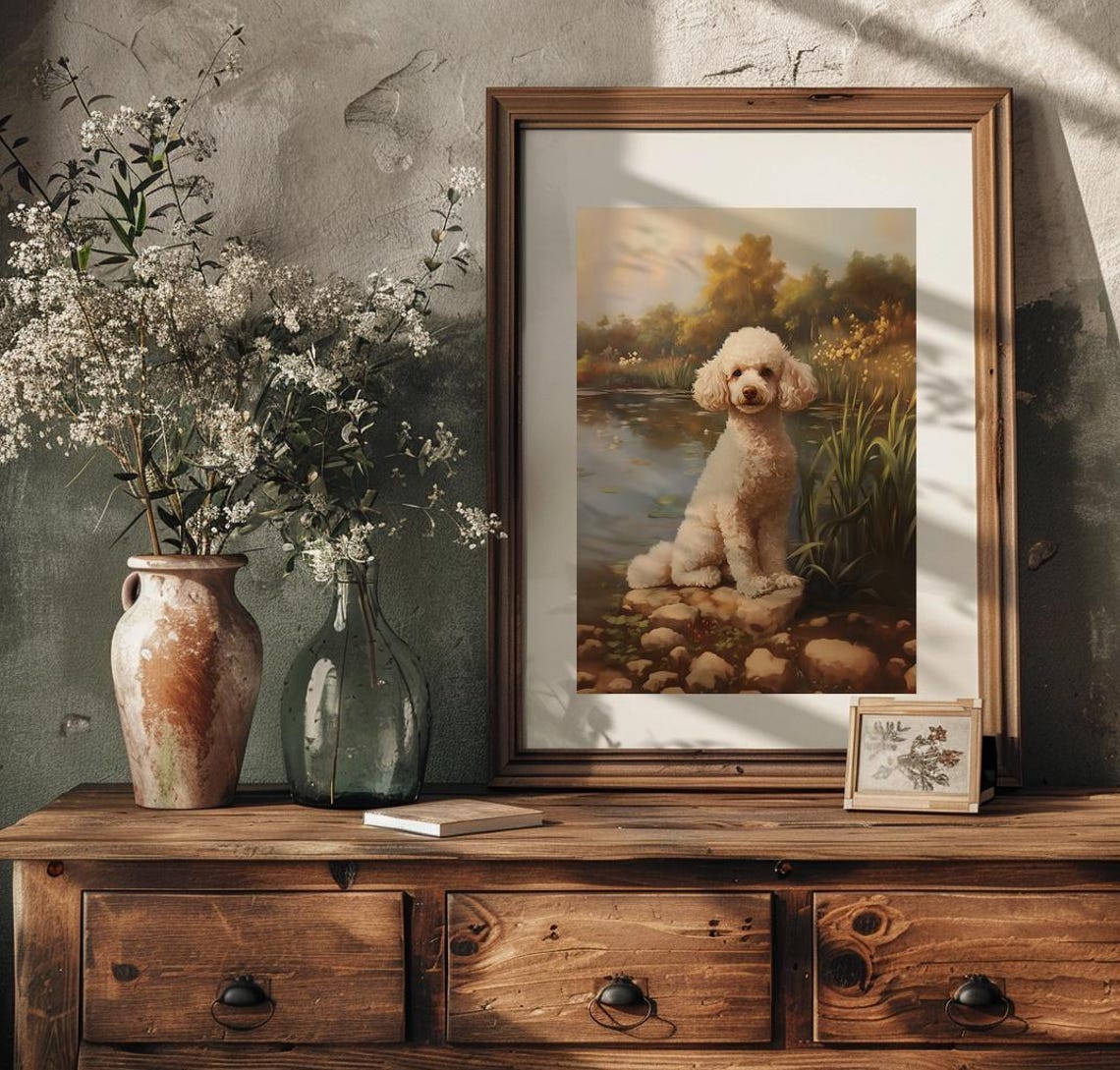 White Poodle Sitting by a Lily Pond Vintage Style Dog Painting Poster - Image 3