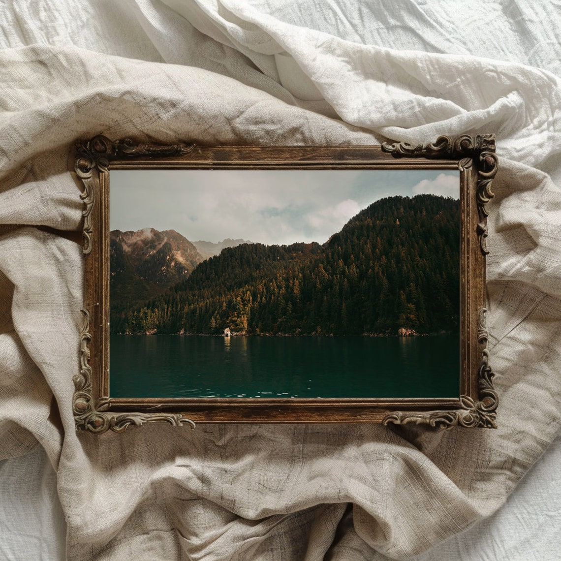 Forested Mountain Shoreline Reflected in Dark Still Water Poster - Image 2