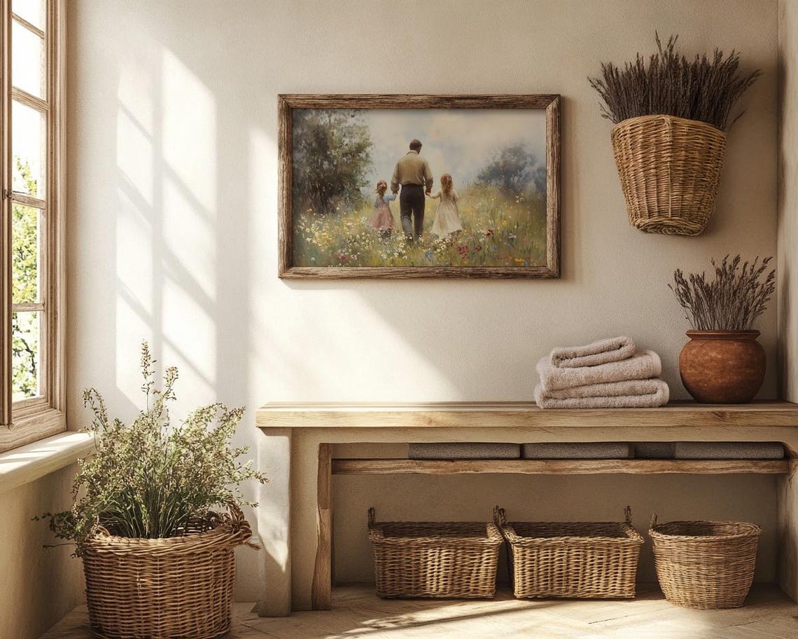 Father Walking Hand in Hand with Two Daughters in Meadow Poster - Image 4