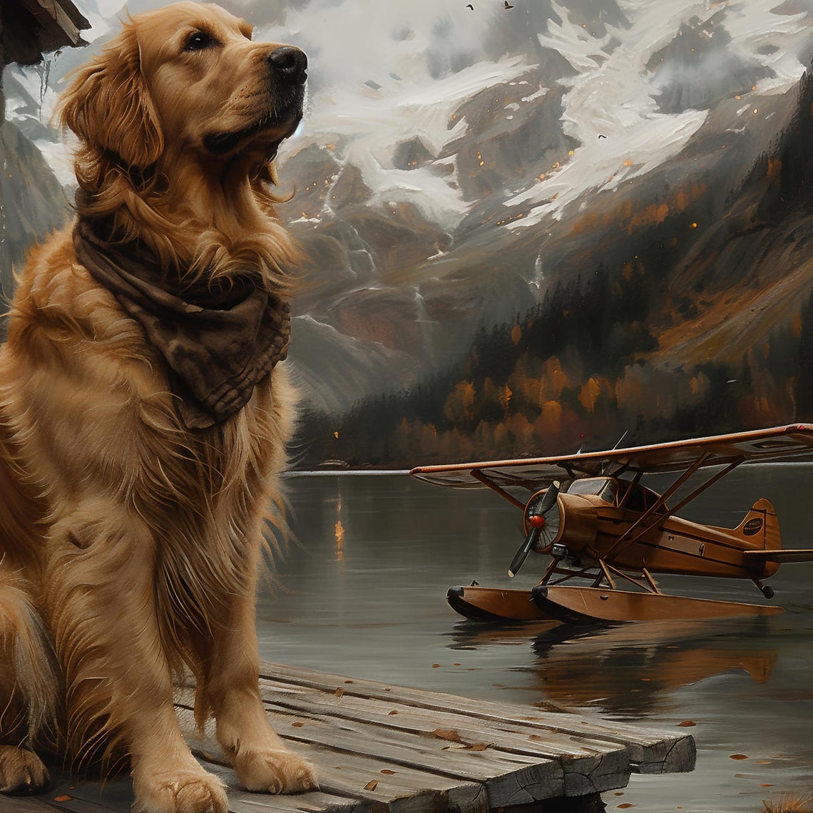 Golden Retriever On Cabin Porch Beside Floatplane Mountain Poster - Image 2