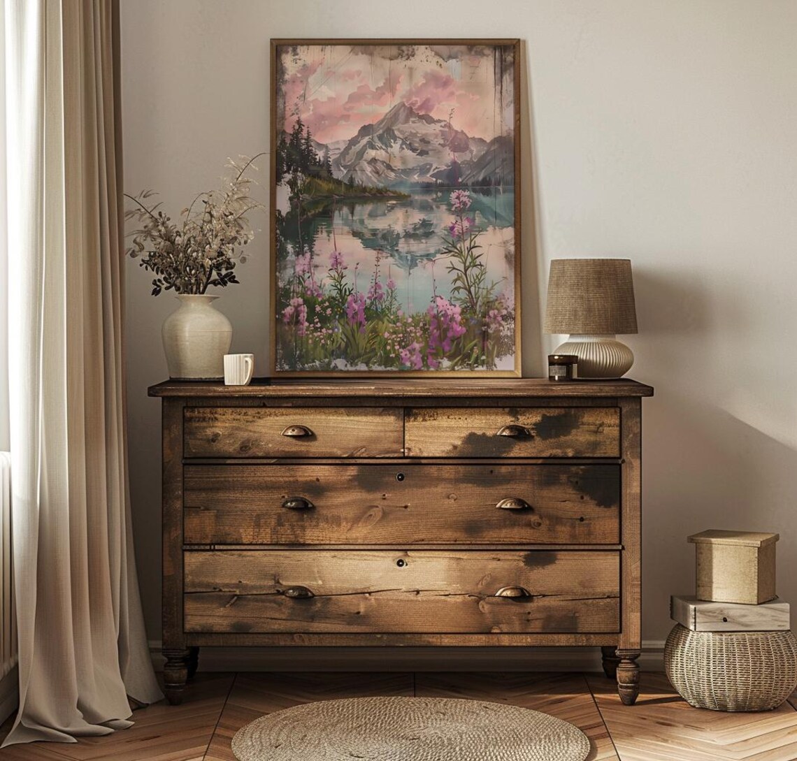 Snowy Mountain Lake Reflection With Pink Wildflowers Art Poster - Image 2