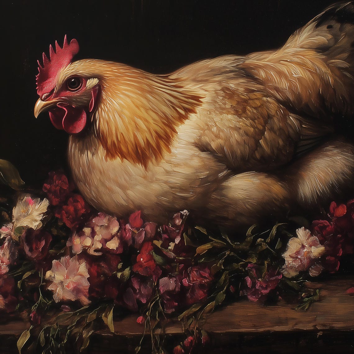 Golden Hen on a Rustic Table with Dark Red Flowers Moody Poster - Image 2