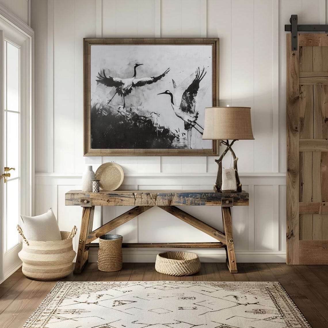 Two Japanese Cranes in Black and White Ink Painting Art Poster - Image 3