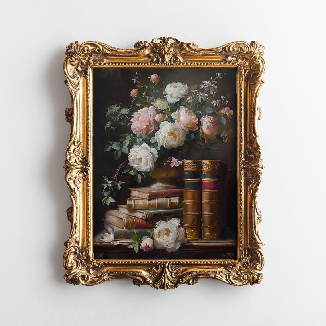 Blush Roses Overflowing from a Stack of Vintage Books Dark Poster - Image 2