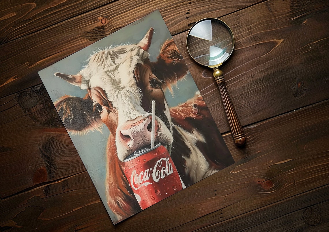 Funny Cow Sipping Coca-Cola Through a Straw Humor Art Poster - Image 3