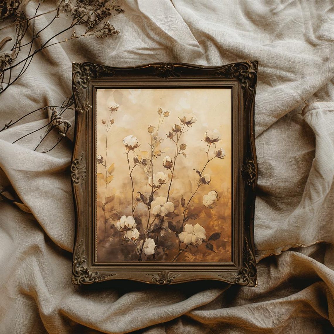 Dried Cotton Stems Sepia Toned Vintage Fall Botanical Poster - Image 3