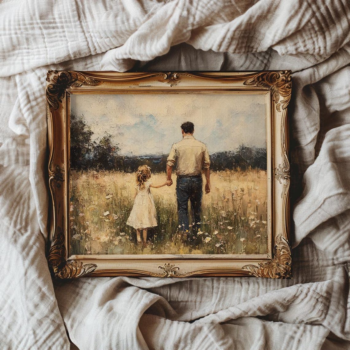 Father and Young Daughter Walking Hand in Hand in Meadow Poster - Image 3