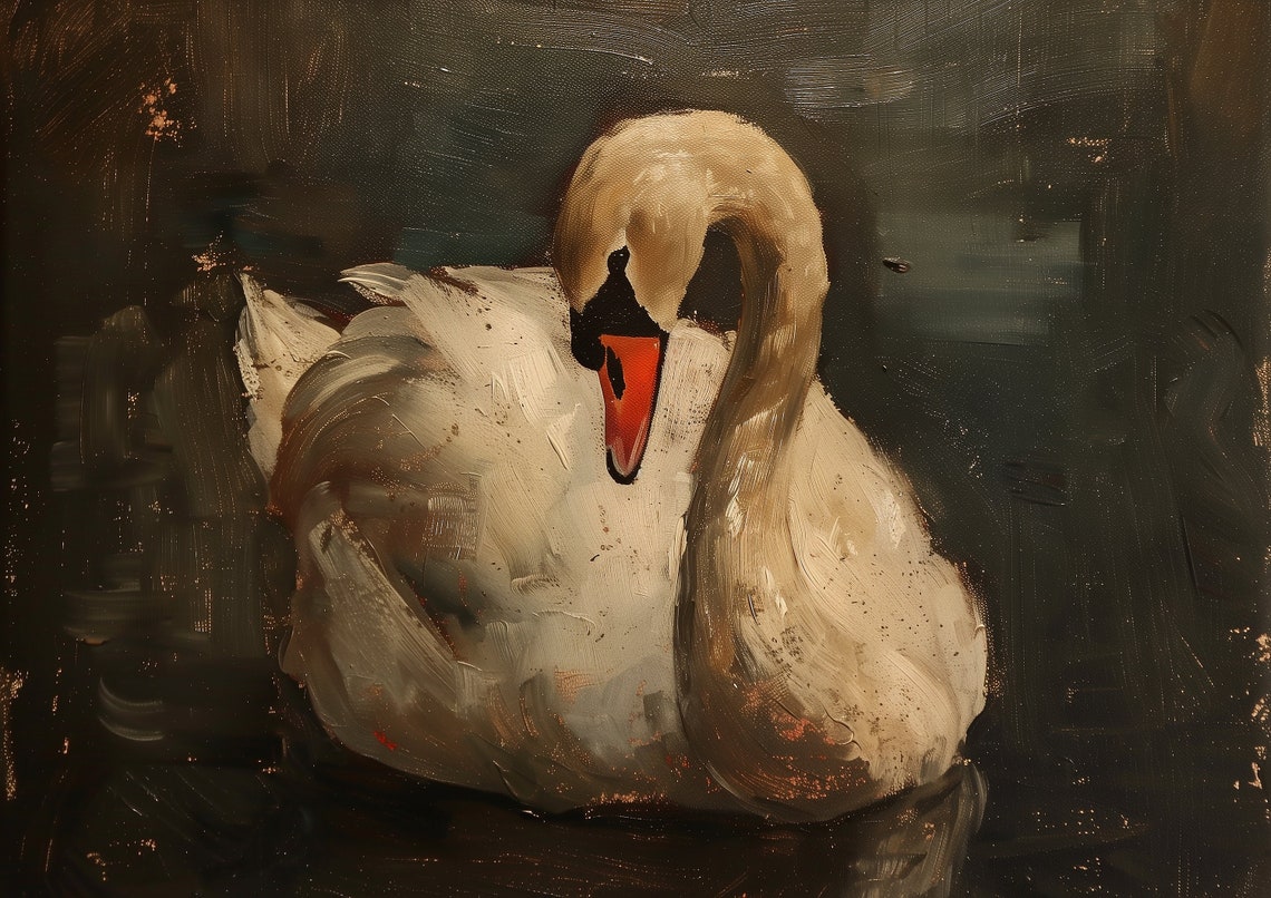 White Swan Preening Its Feathers Dark Moody Oil Painting Poster - Image 3