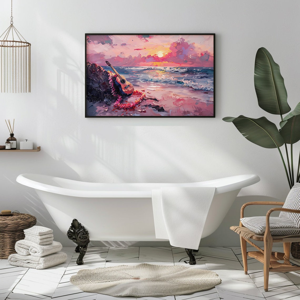 Ukulele With Flower Lei On Sunset Beach Tropical Ocean Art Poster - Image 2