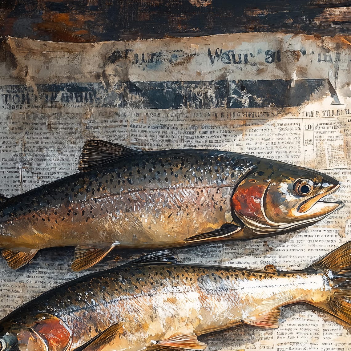 Three Rainbow Trout on Vintage Newspaper Classic Fishing Poster - Image 2