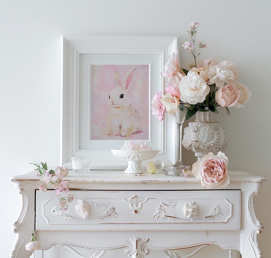 White Bunny on a Soft Pink Background Nursery Painting Poster - Image 2