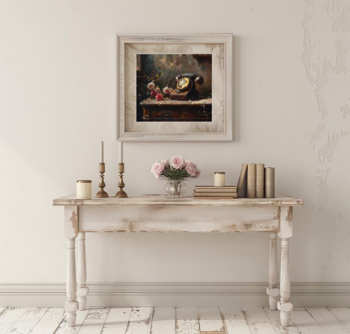 Vintage Black Rotary Telephone with Roses on a Wooden Desk Poster - Image 2