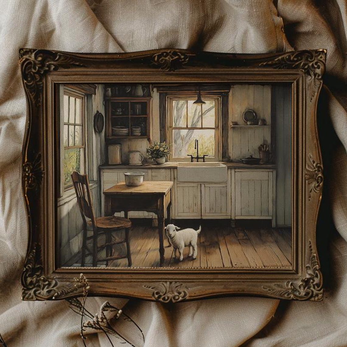 Rustic Farmhouse Kitchen Interior with a Little Lamb Art Poster