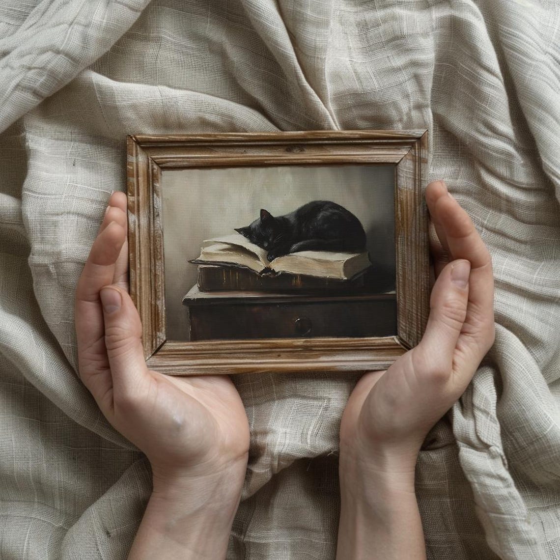 Black Cat Sleeping Curled on an Open Stack of Old Books Poster - Image 2