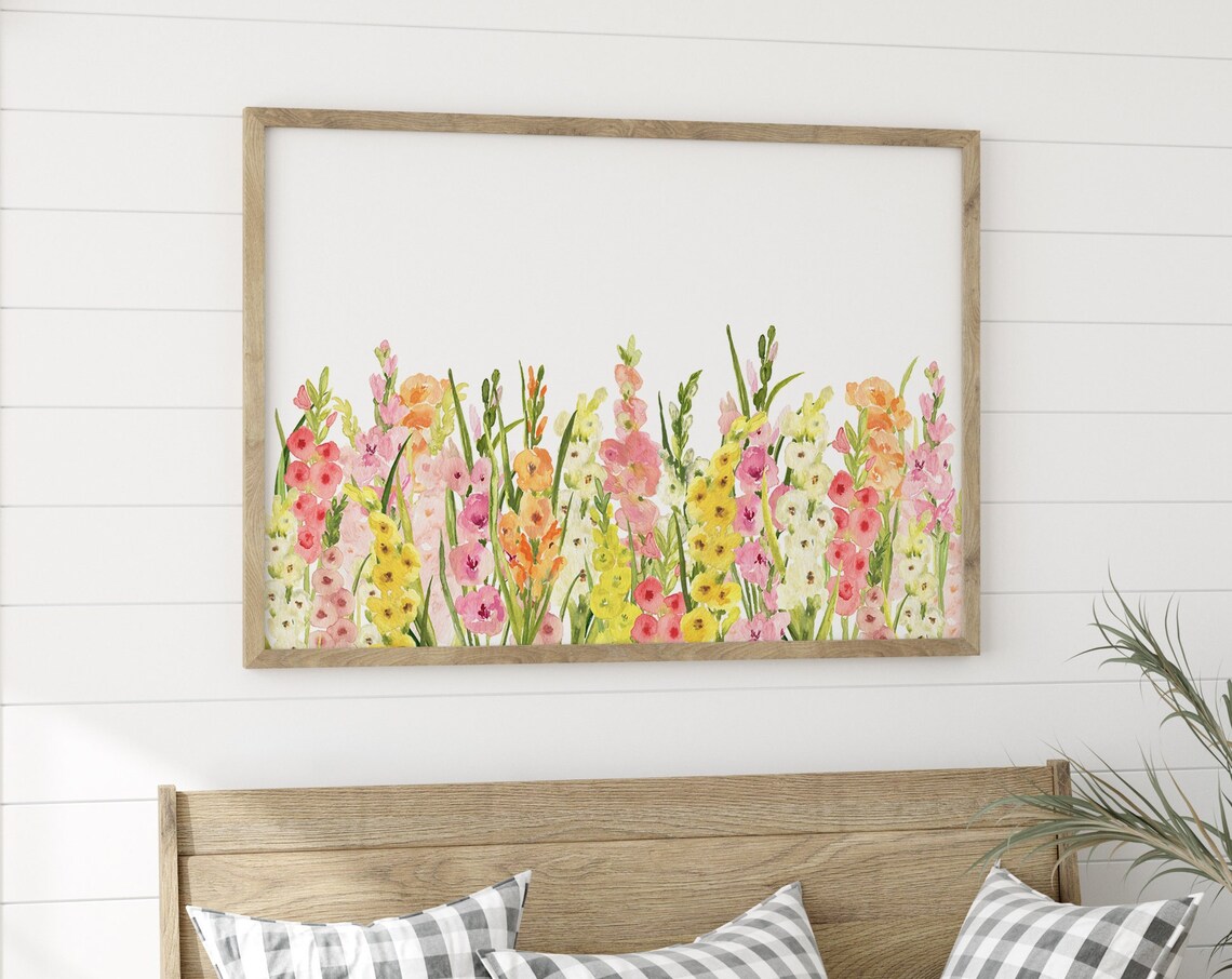 Pink Gladiolus Watercolor Flower Border Spring Botanical Art Poster - Image 4