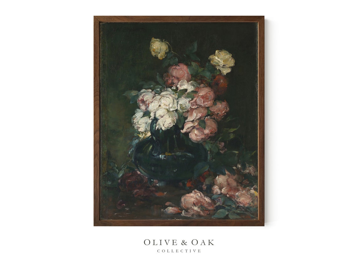 Framed Wall Art Dark Academia Decor Moody Flower Still Life Vintage Roses Painting 21 M - Image 2