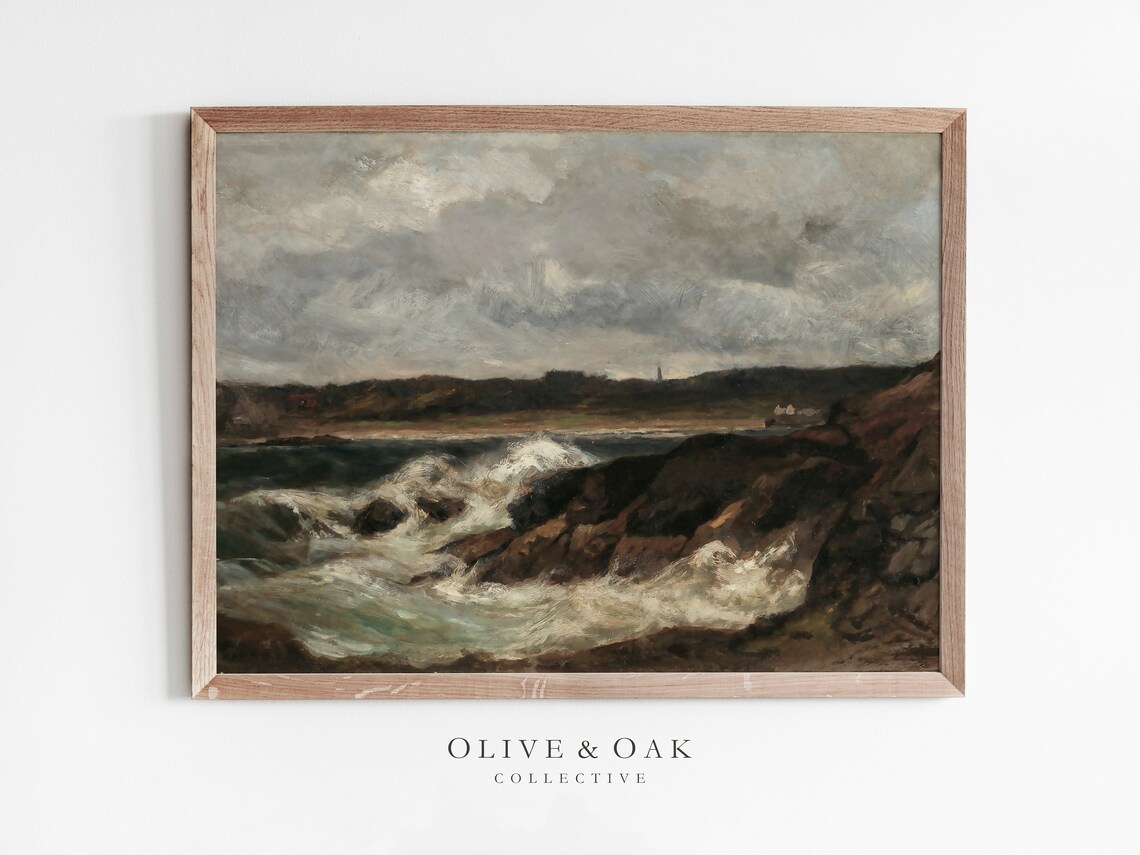 Vintage Moody Seascape Art Print, Coastal Painting
