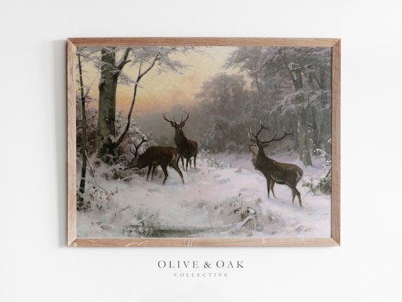 Deer Landscape Painting, Winter Snow Art Print