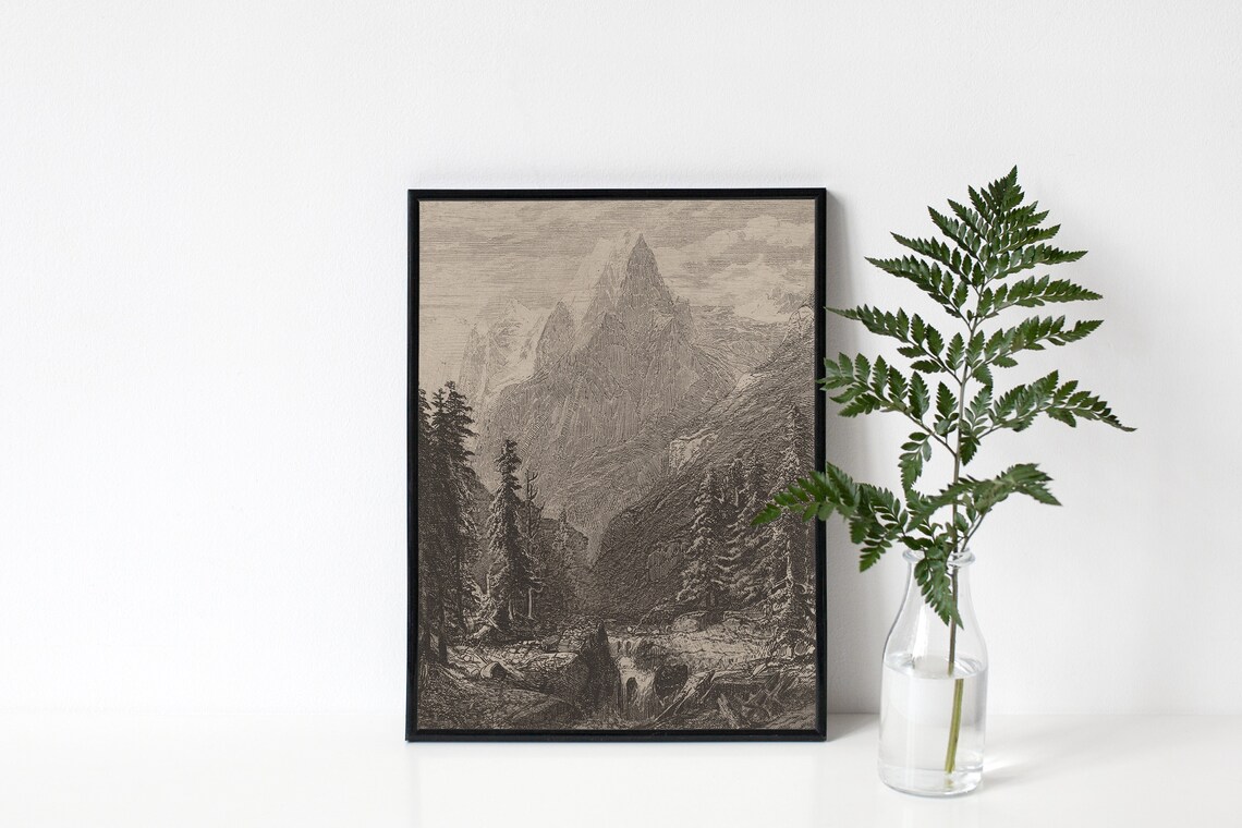 Rustic Mountain Landscape Sketch, Vintage Nature Art Print - Image 2