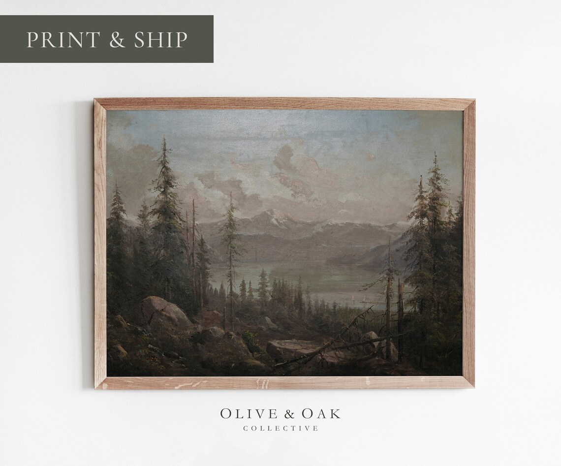 Vintage Lake Landscape, Rustic Mountain Painting