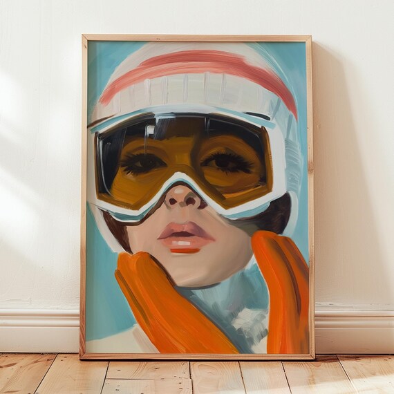 Woman in Ski Goggles White Beanie Orange Scarf Bold Portrait Art Poster