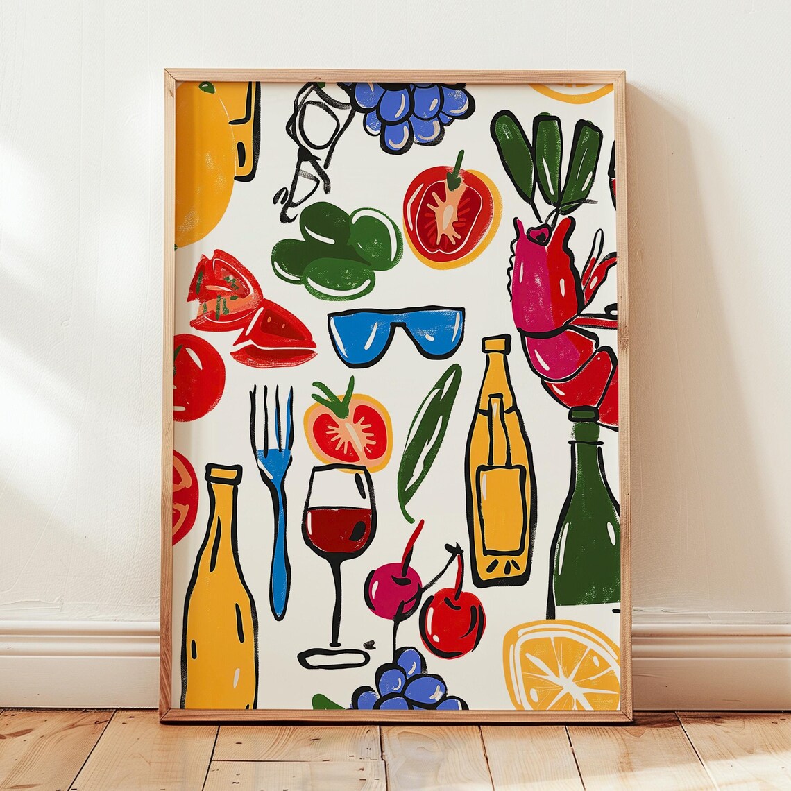 Colorful Food Collage Wine Lobster Citrus Kitchen Pop Art Poster