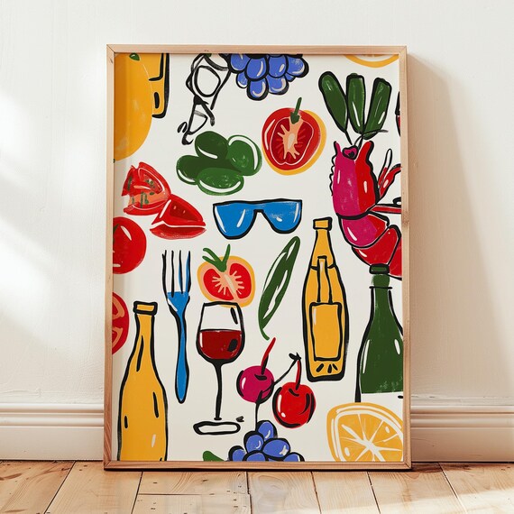 Food Collage Art Print Colorful Kitchen Bar Cart Decor