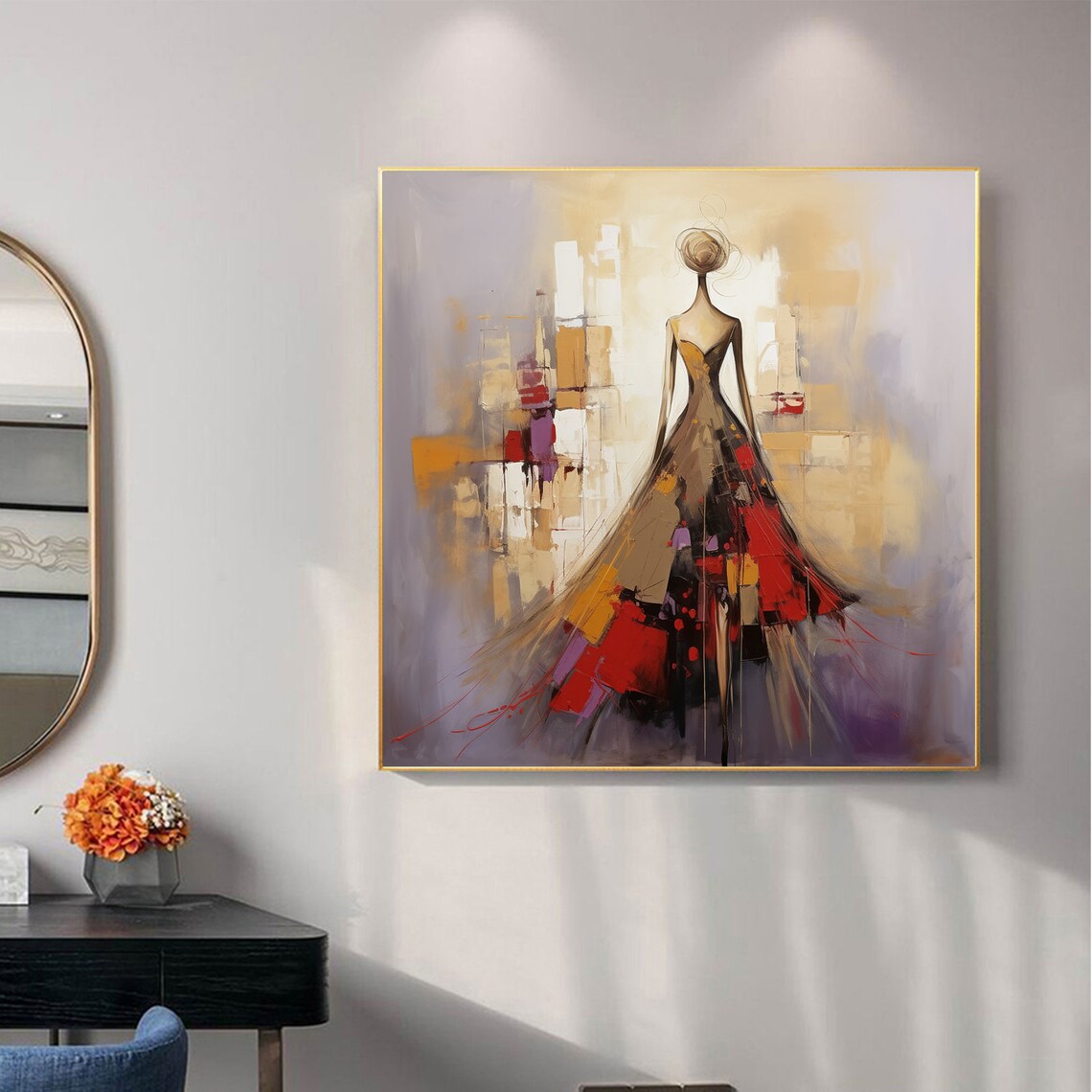 Elegant Woman Flowing Red Dress Abstract City Back View Poster - Image 4