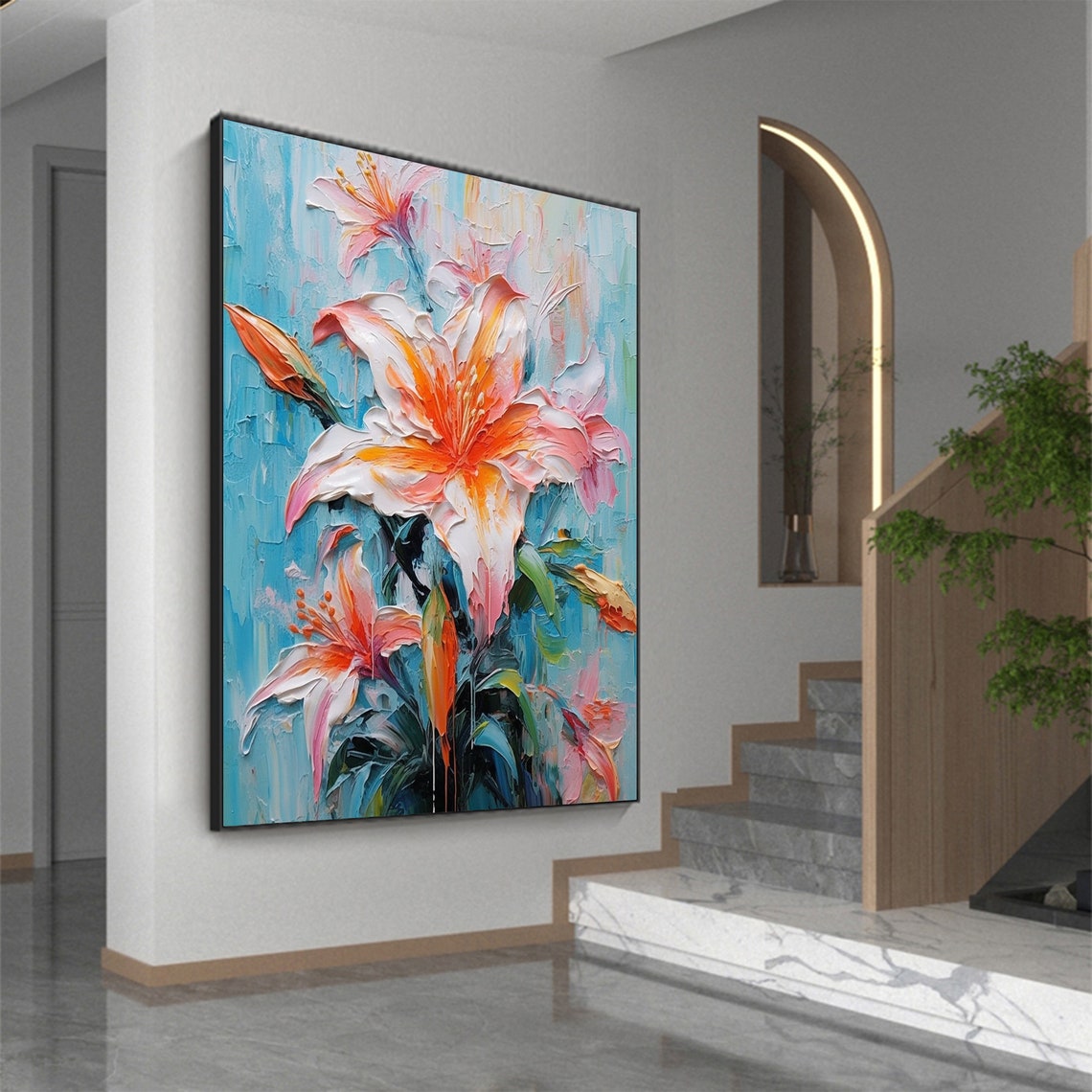 Orange Pink Lily Blooms Vivid Blue Background Impasto Poster - Image 4