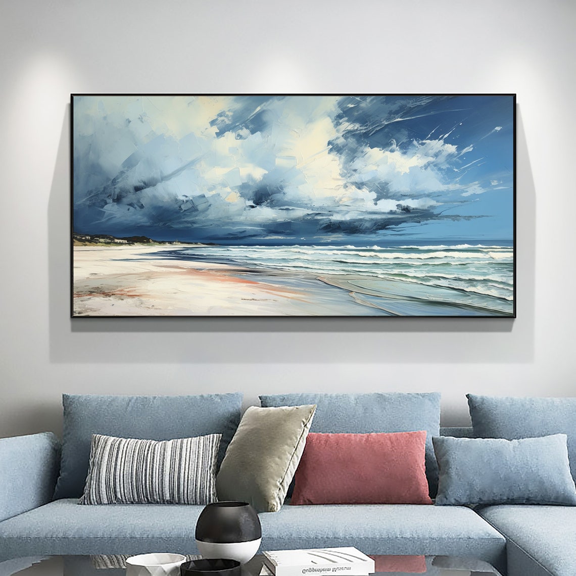 Dramatic Clouds Over a Calm Blue Beach Seascape Oil Painting Poster - Image 2