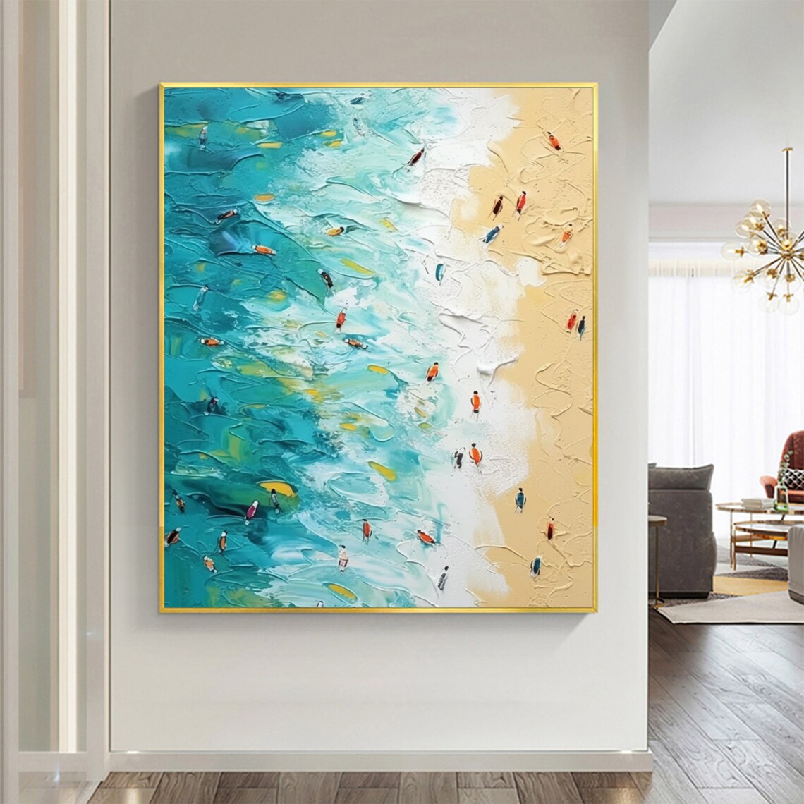 Aerial Turquoise Beach With Colorful Surfers Oil Painting Poster - Image 7